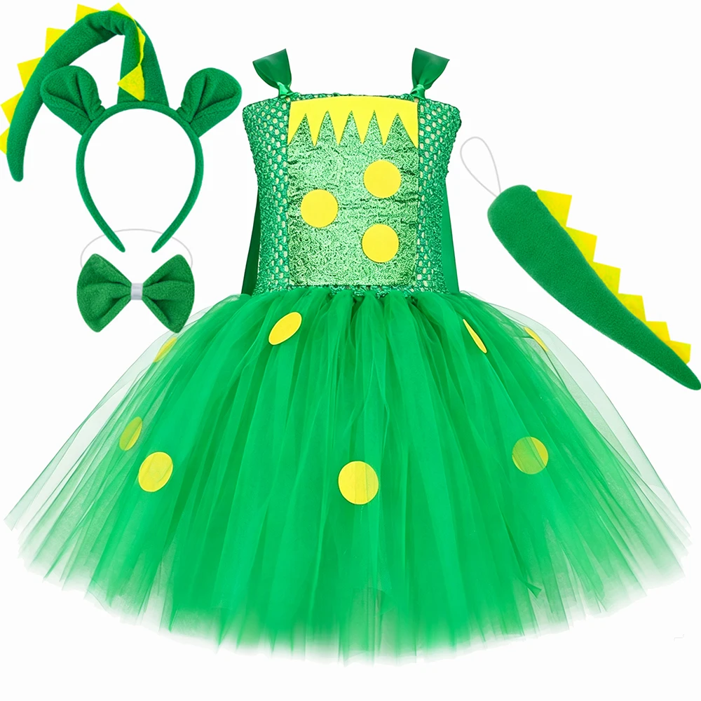 Dragon Dinosaur Costume Kids Green Cartoon Animal Tulle Tutu Dress for Girls Halloween Party Carnival Stage Performance Dress Up