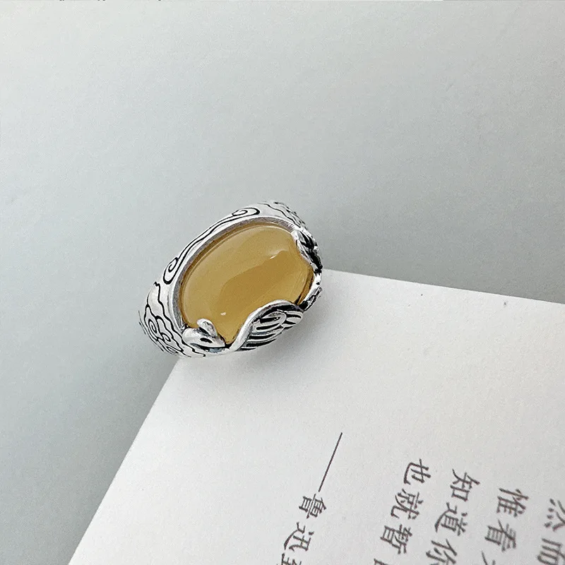 Real 990 Silver Handmade Peacock Amber Ring for Women Girls Ethnic Vintage Oval Beewax Adjustable Opening Silver Rings JZ135