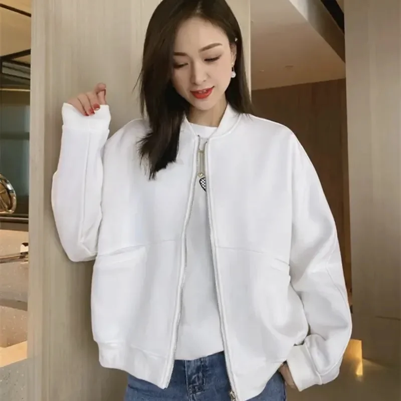 

Korean Women Long Sleeves Short Jacket Spring Autumn Ladies Leisure Solid Color Outwear 2025 Femme Fashion Zipper Baseball Coat