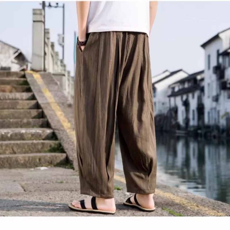 Chinese Style Linen Trousers 2024 Summer New Solid Color Elastic Drawstring Patchwork Pockets Vintage Loose Casual Wide Leg Pant