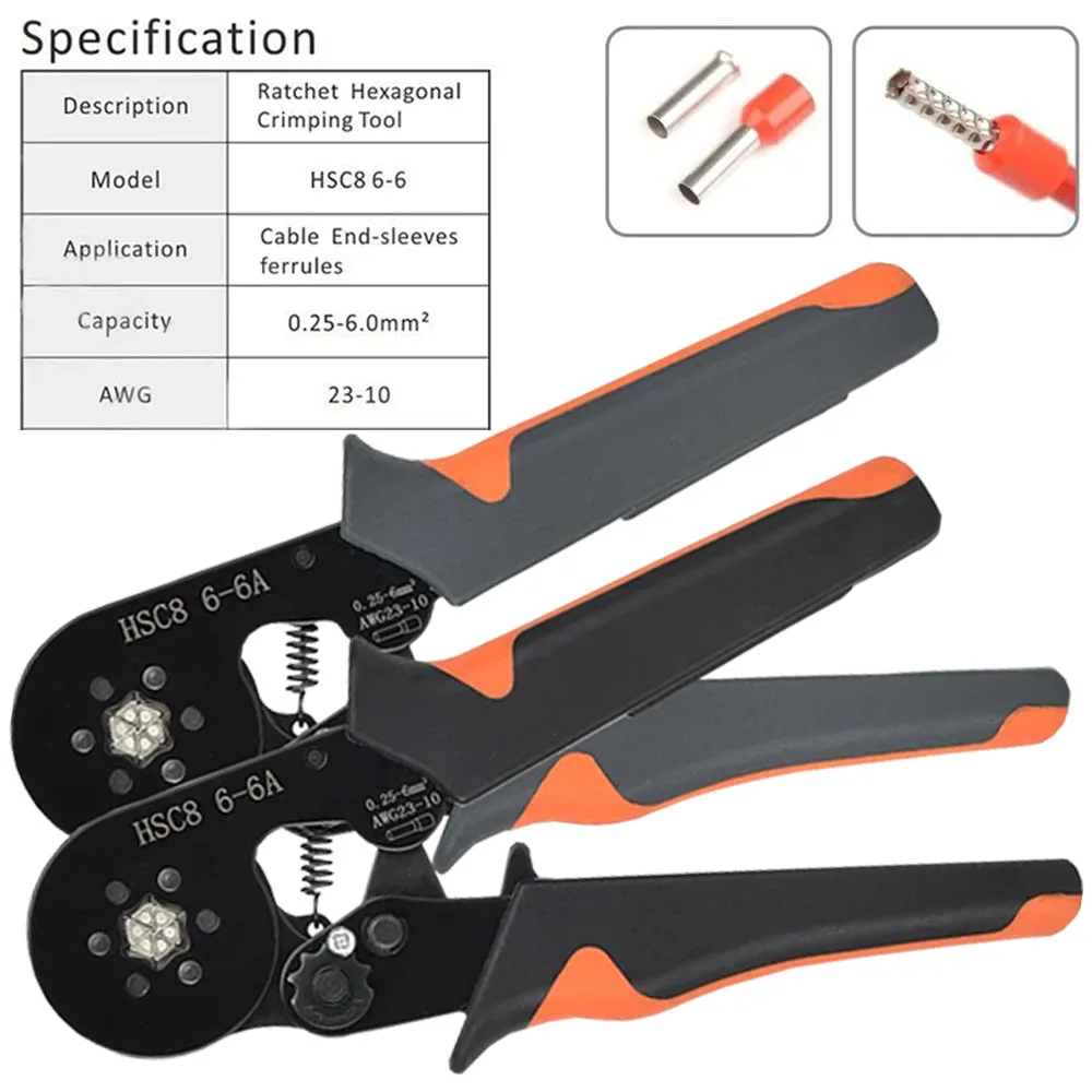 페룰 크림핑 도구, 자체 조정 육각 래칫, 전기 기사 크림핑 플라이어, 수공구, HSC8 6-6A AWG 0.25-6mm ², 23-10
