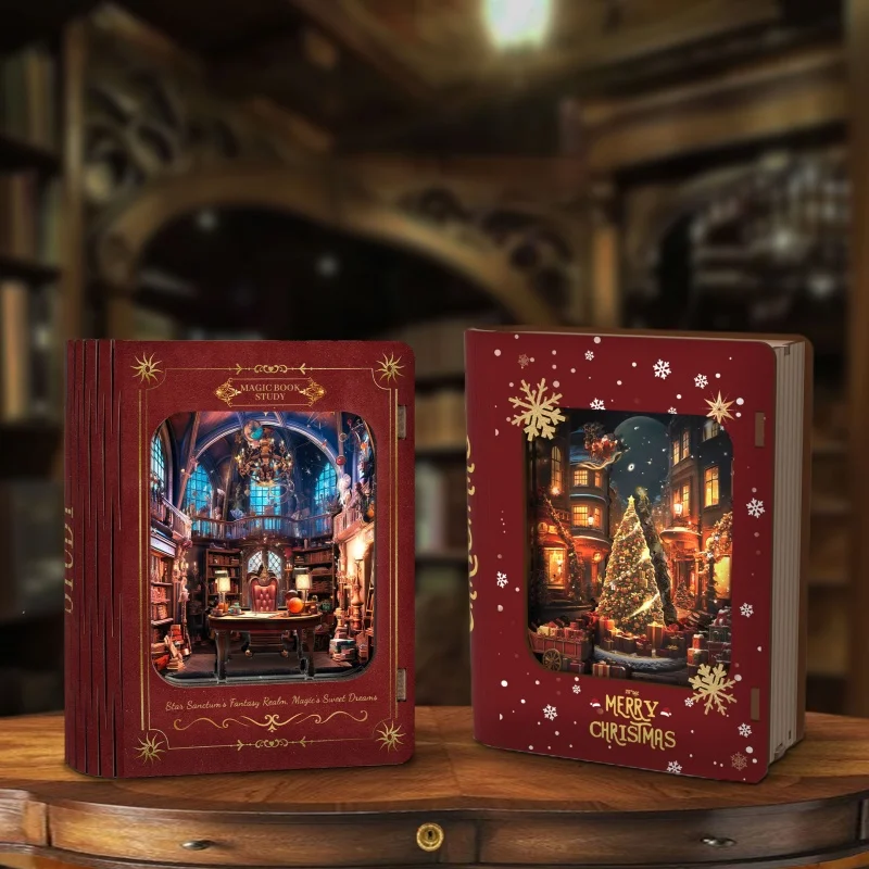 OUZEY Holiday Magic Library Modello fai da te - Puzzle 3D con angolo libro di Natale in legno, kit artigianale festivo per adolescenti