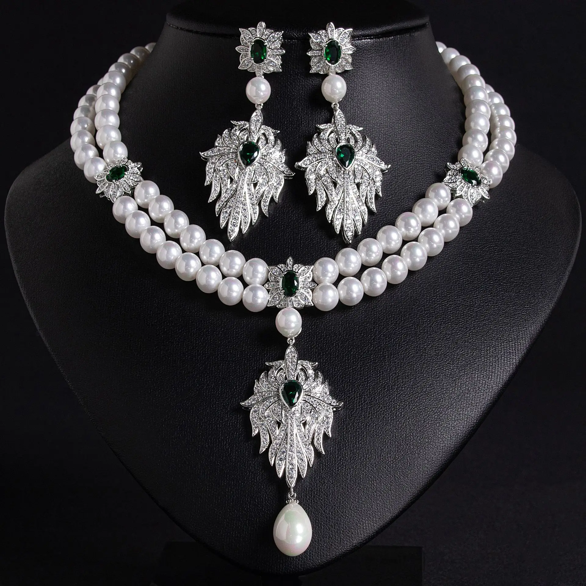 Moda de alta qualidade multi camadas pérolas maple leaf colar brincos 2 pçs conjunto jóias feminino festa casamento baile presente M-535