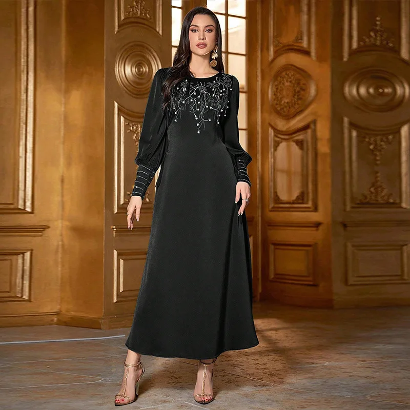 

Women's Dress New 2024 Autumn Ladies Slim Long Dresses Beading Diamonds A-line Long Skirt Solid Satin Elegant Dresses for Women