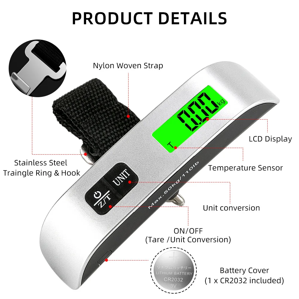 FODWET Portable Handheld ScalePrecision Digital LCD Display, 50kg/110lb Capacity with Non-Slip Hook for Luggage Travel Home image 4