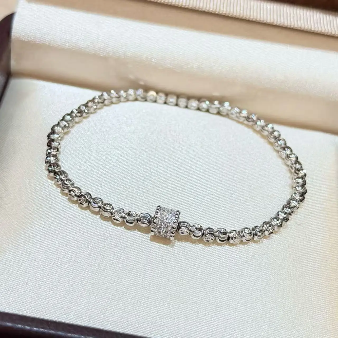 100% 925 Sterling Silver Full Pave Zirconia Rotating Light Bead Bracelet For Women Fine Jewelry