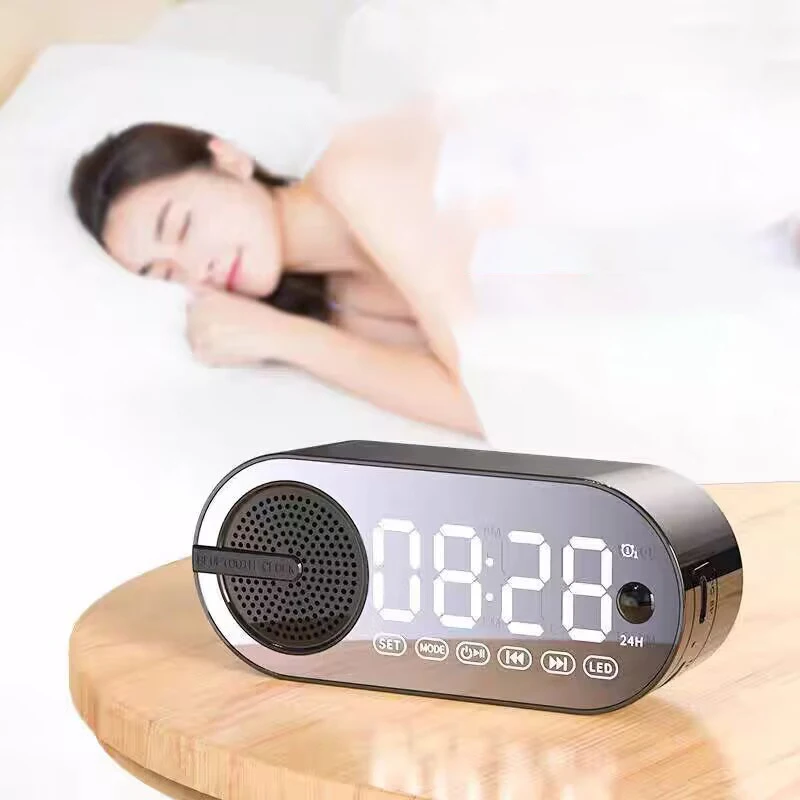 Digital Alarm Clock Bluetooth 5.0 Speaker LED Display Mirror Desk Alarm Clock With FM Radio Support TF Card Play Hands-Free Call