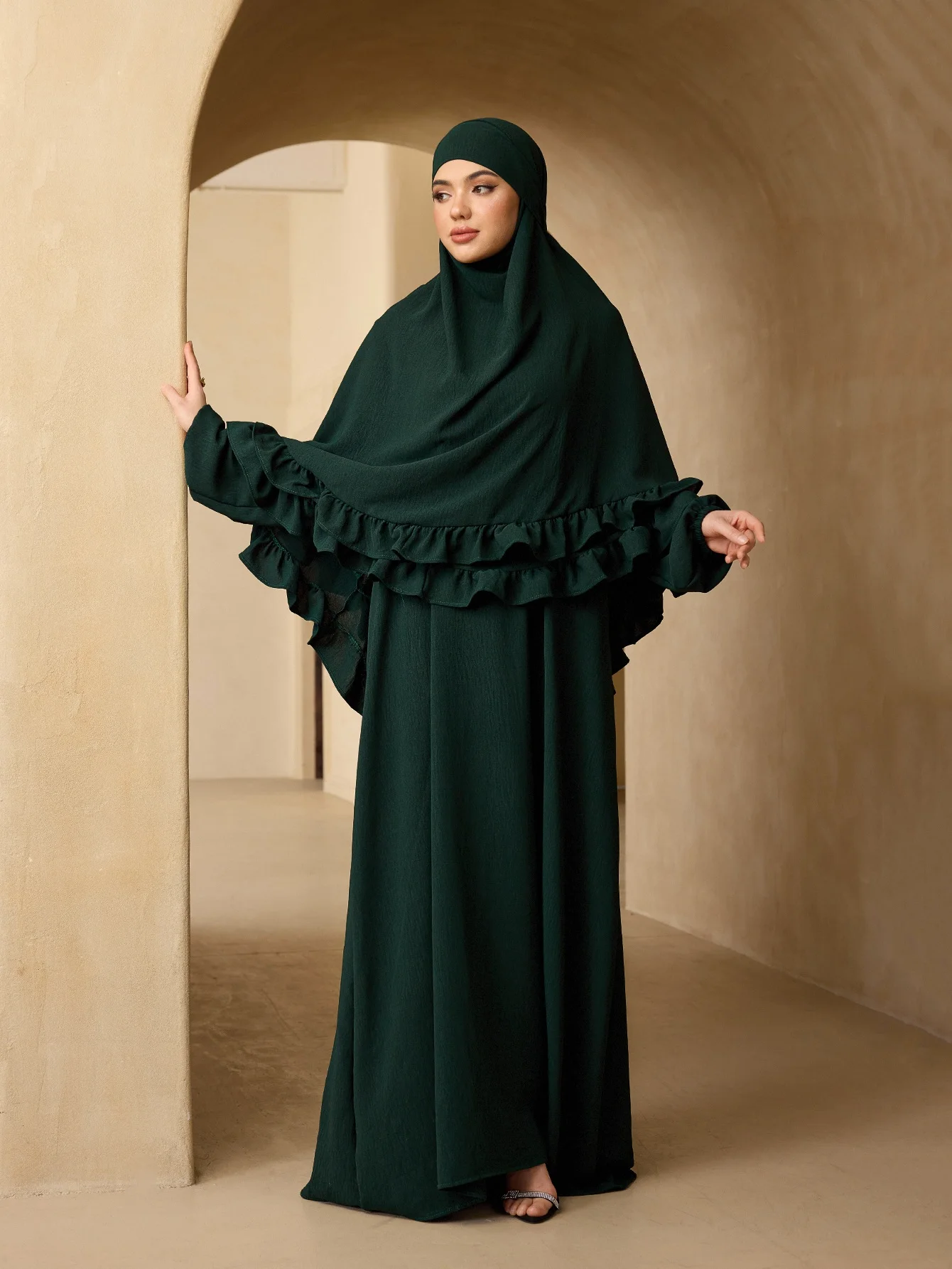 Elegant Ruffle Layer Khimar Abaya Two Piece Set,Loose Modest Long Prayer Dress With Flounce Hijab For MuslimWomen Eid Daily Wear view 3