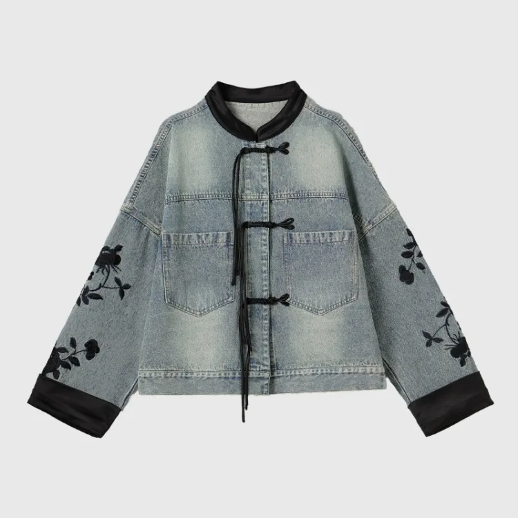 New Chinese Style Stand Collar Denim Jackets 2024 Spring  Embroidery Coat Women Y2k E-Girl Long Sleeve Loose Tops Mujer