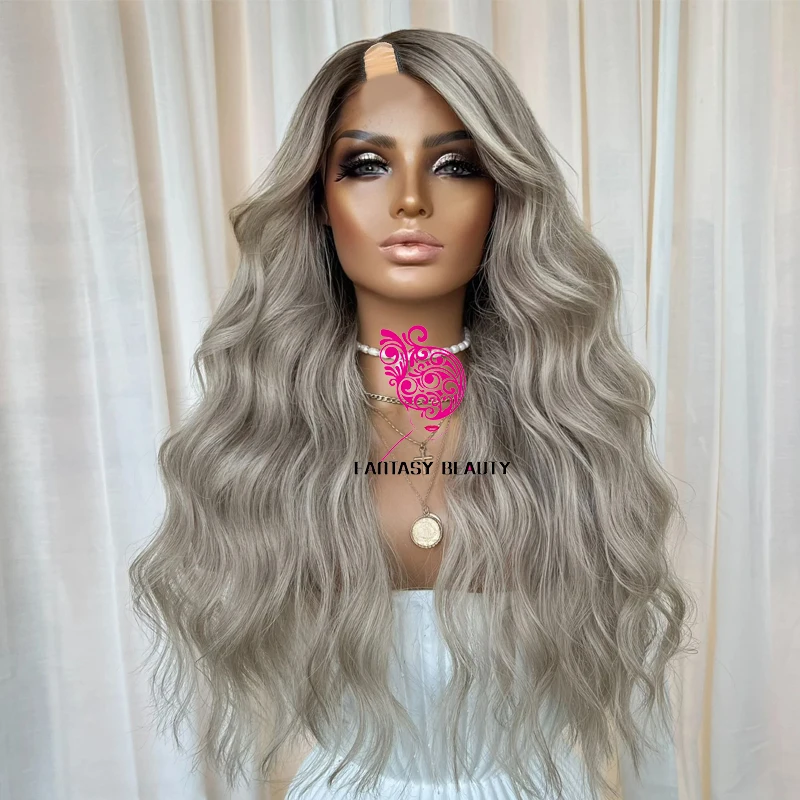 

Свободные волнистые серо-русые человеческие волосы Remy, регулируемые парики с U-образной частью для чернокожих женщин, простая установка, бесклеевые длинные парики 26 дюймов