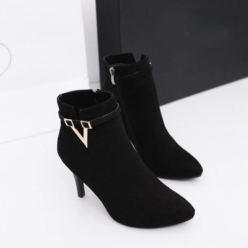 Botas Mujer Invierno  Autumn Stiletto Thin High Heels Woman Pointed Toe Pu Leather Zipper Sexy Ankle Women Boot Botines Chelsea