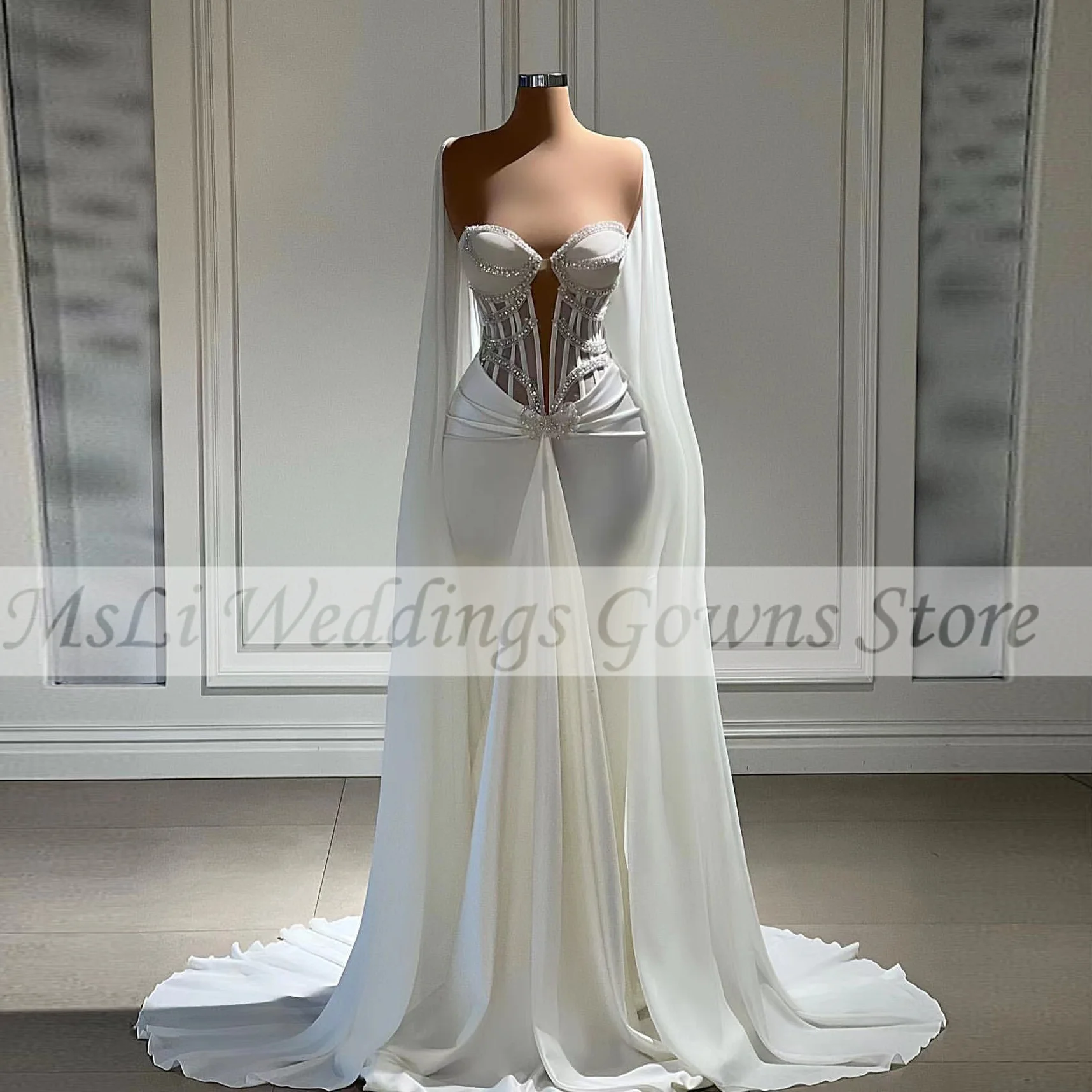 Satin Luxury Wedding Dresses Mermaid Bridal Gown With Cape Engagement Dress Serrtheart Beads Robe De Mariage Custom Made