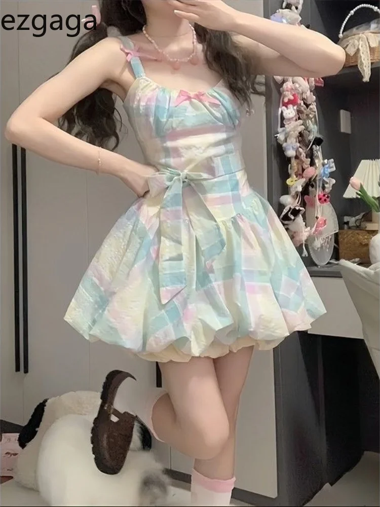 

Ezgaga Rainbow Dresses Women Sweet Sleeveless Bow Slash Neck Sweet Elegant Summer Fashion Bud Mini Dress Female Casual Party