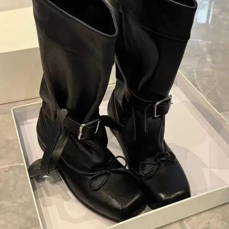 Fashion Belt Buckle Decoration Mid Calf Boots Women 2025 Autumn Square Toe Solid Black Ballet Style Boots Sweet Bowknot Booties