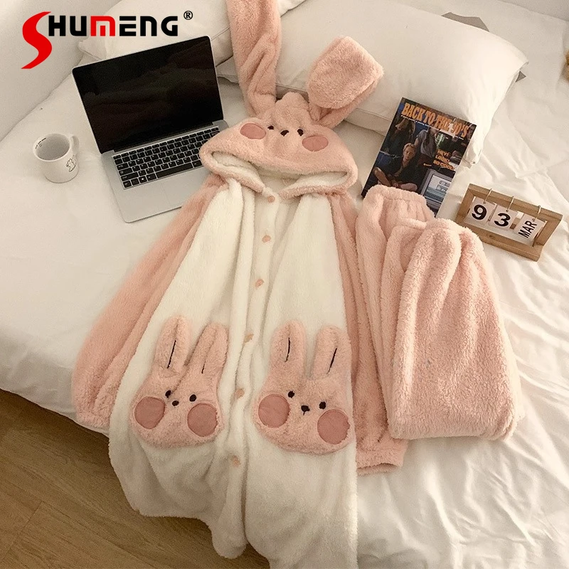 

Осень-зима, новый милый комплект домашней одежды, женский милый кролик с капюшоном, коралловый флисовый халат, костюмы, женские утепленные пижамные комплекты, халаты