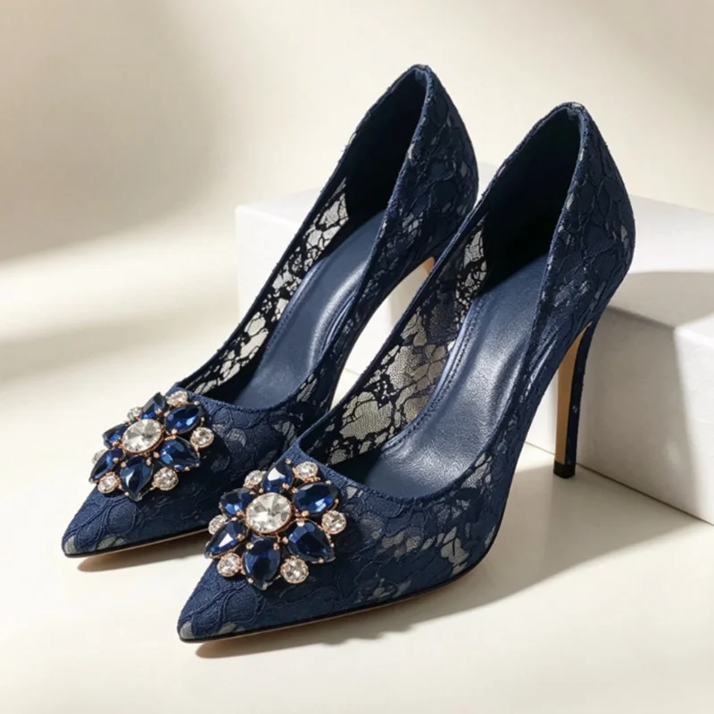 Spring Autumn Lace Floral High Heel Pumps Slip On Rhinestone Crystal Pointed Toe 9cm 6cm Heeled Wedding Dress Shoes