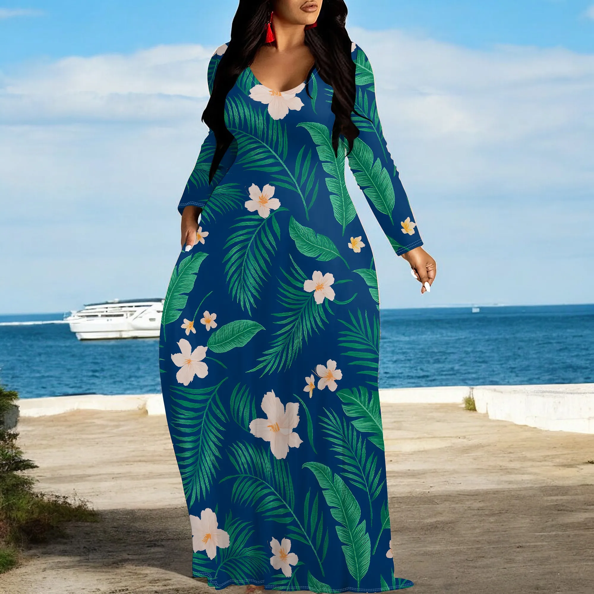 Women's V Neck Maxi Dress Ruffles Full Sleeve Floral Dresses Wedding Guest Sundress with Belt