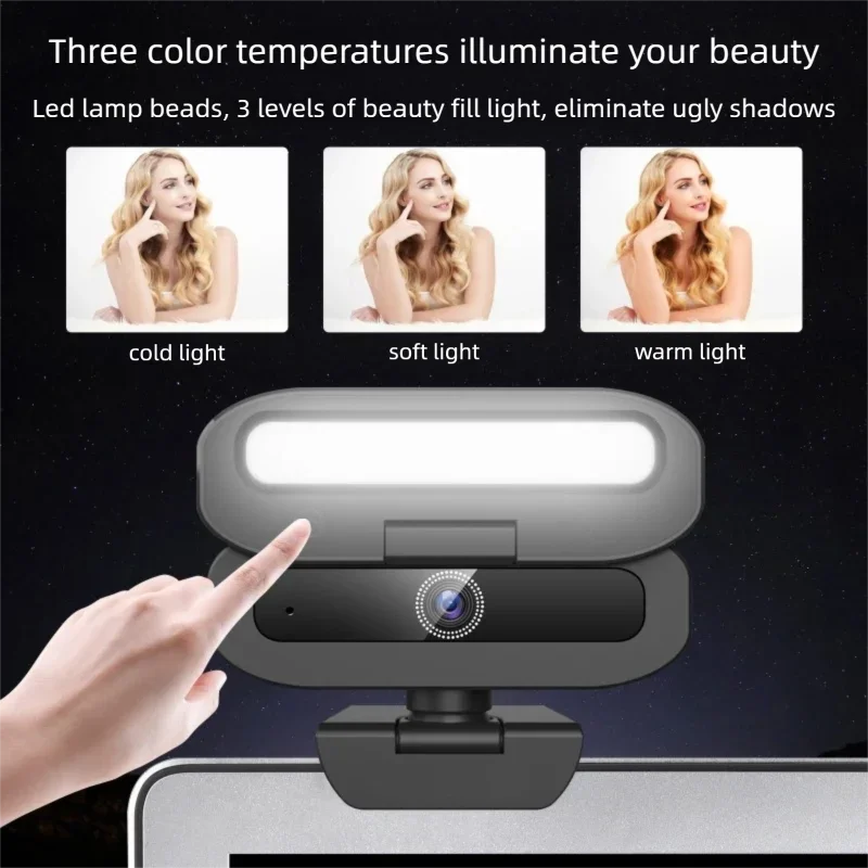 4K Webcam for PC with LED Fill Light HD 2K Comperter Camera with Microphone Autofocus Streaming Web Camera