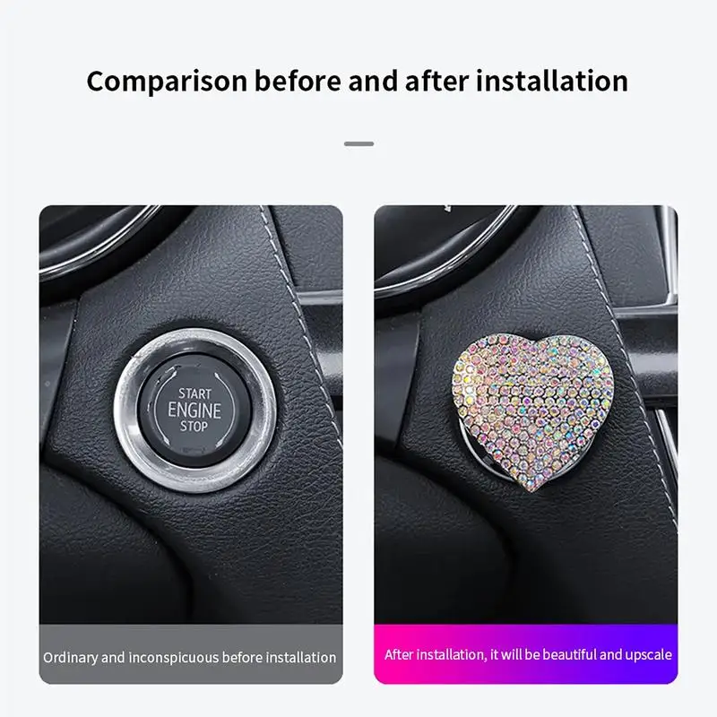 Engine Start Stop Button Decal Heart Shape One button start decorative sticker Rhinestone Glitter Push Start Button protective