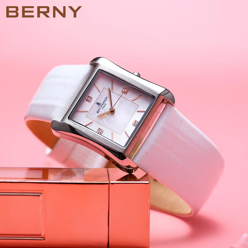 BERNY-Montre à Quartz pour Femme, Bracelet en Cuir group, Carré, Étanche, Cadran en Pierres Précieuses, Motif Coquille, Montre-Bracelet à la Mode, 3