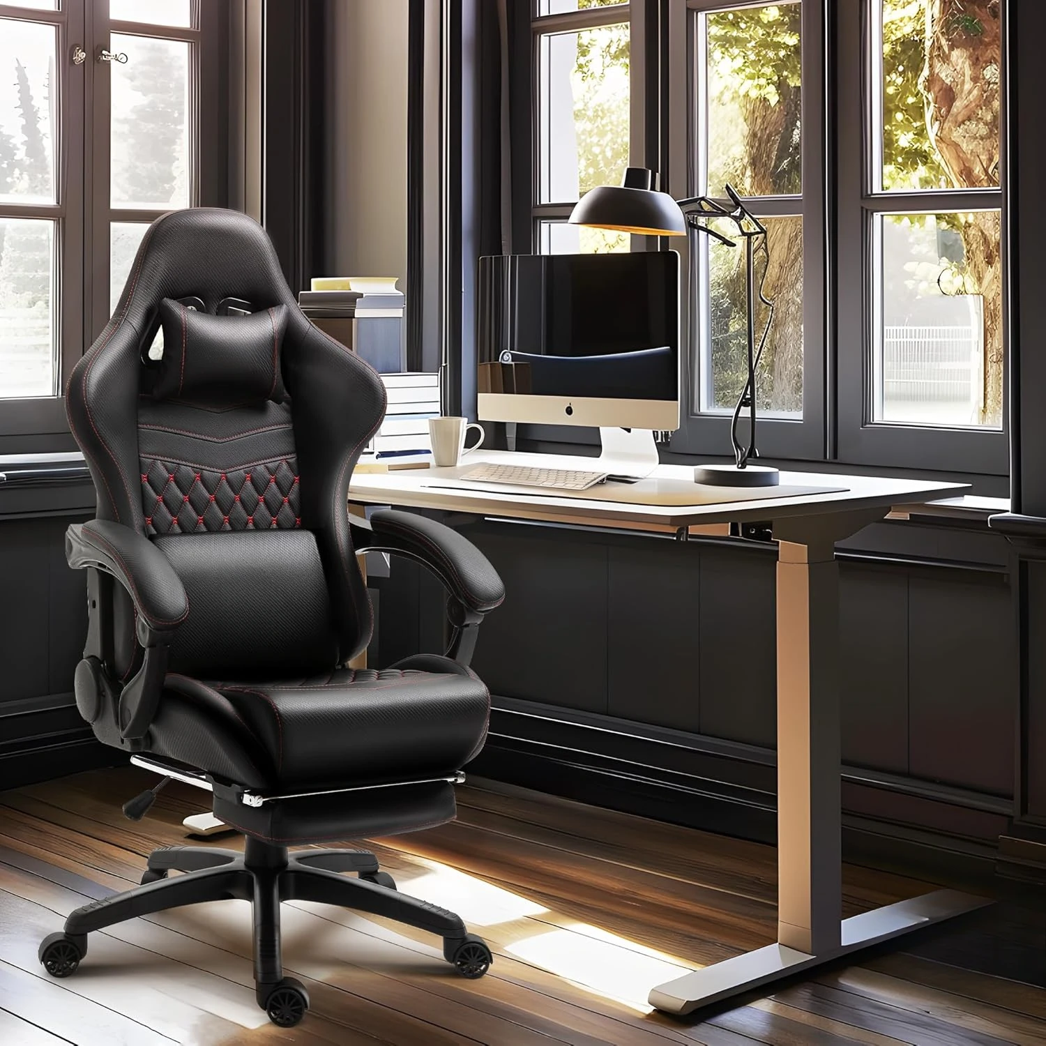 Gaming/Office PC Chair with Massage Lumbar Support, Vintage Style PU Leather High Back Adjustable Swivel Task Chair