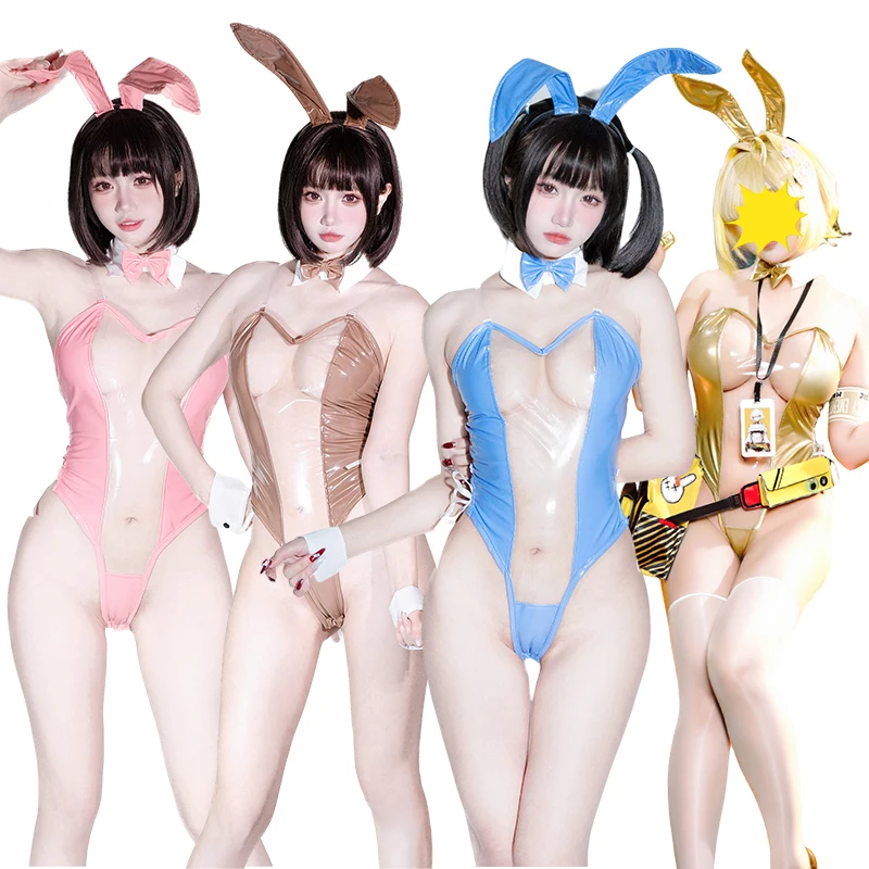 

SENMHS Sexy Cute Transparent Bunny Cosplay Patent Leather Costumes Sweet Blue Jumpsuit Women Halloween Costume Rabbit Suit