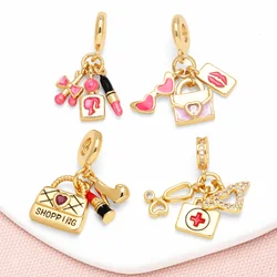 OCESRIO Fuchsia Enamel Make-up Pendant for Necklaces Copper Gold Plated Shopping Bag Handmade Jewelry Making Component pdtb745