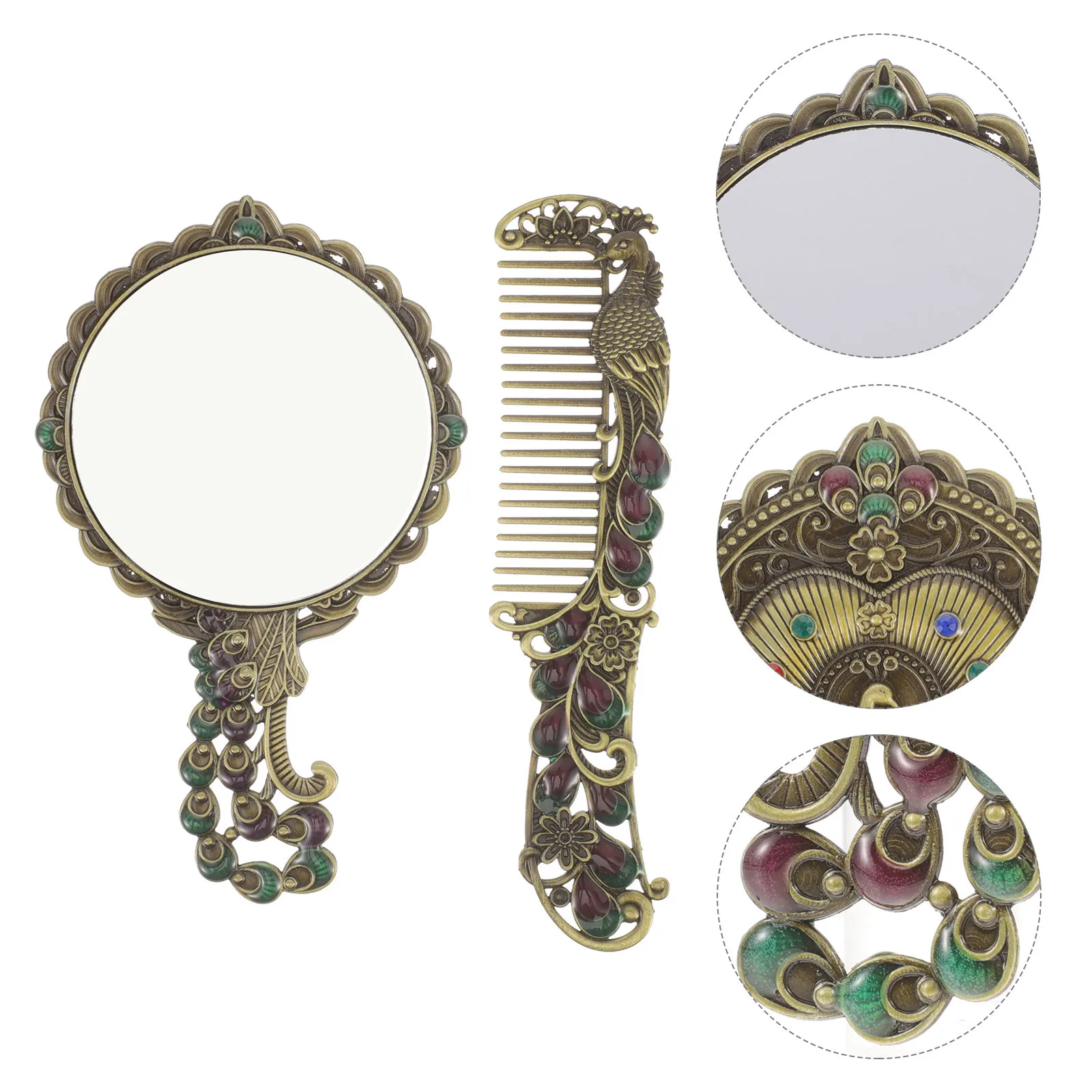 1 set 1 Set Of Vintage Metal Handheld With Comb Compact Lightweight Makeup For Travel Portable Small Mirror Sturdy Hand