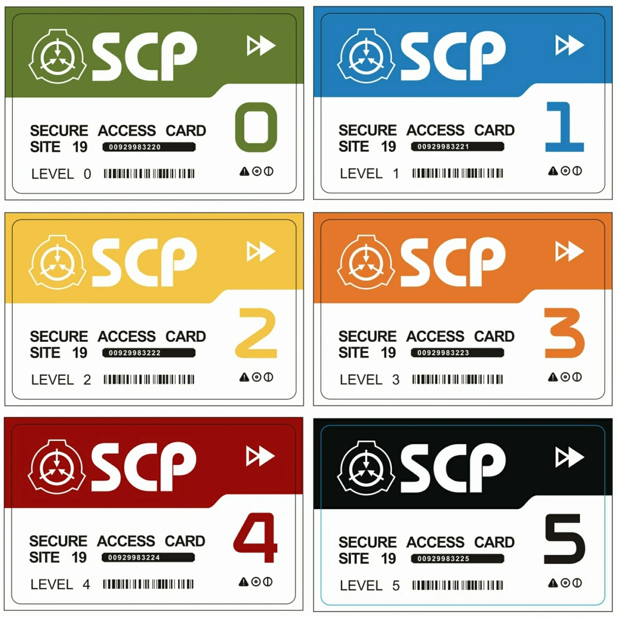 one set 6pcs SCP GUARD,scp secret foundation keycards Special Logo Cosplay Access Grade Card scp-19