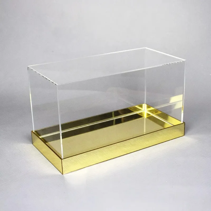 

Factory custom size transparent acrylic display cabinet plexiglass with gold mirror base luxury display cabinet