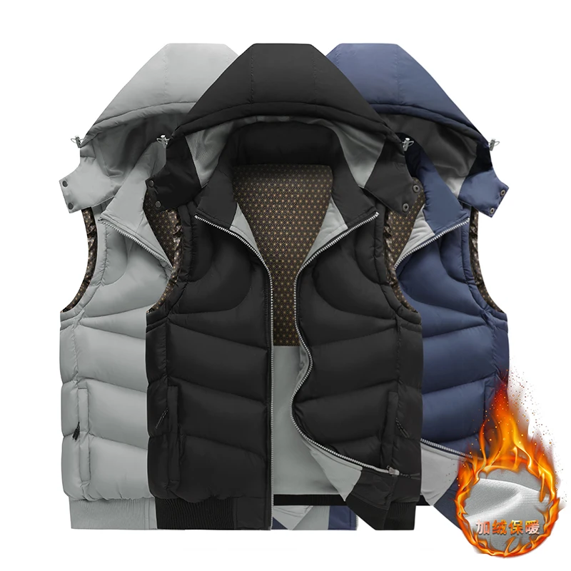 

Mens Autumn Detachable Hat Outwear Hooded Waistcoat Vest Male Winter Jackets Mens Casual Vests Men Thicken Warm Sleeveless Vest