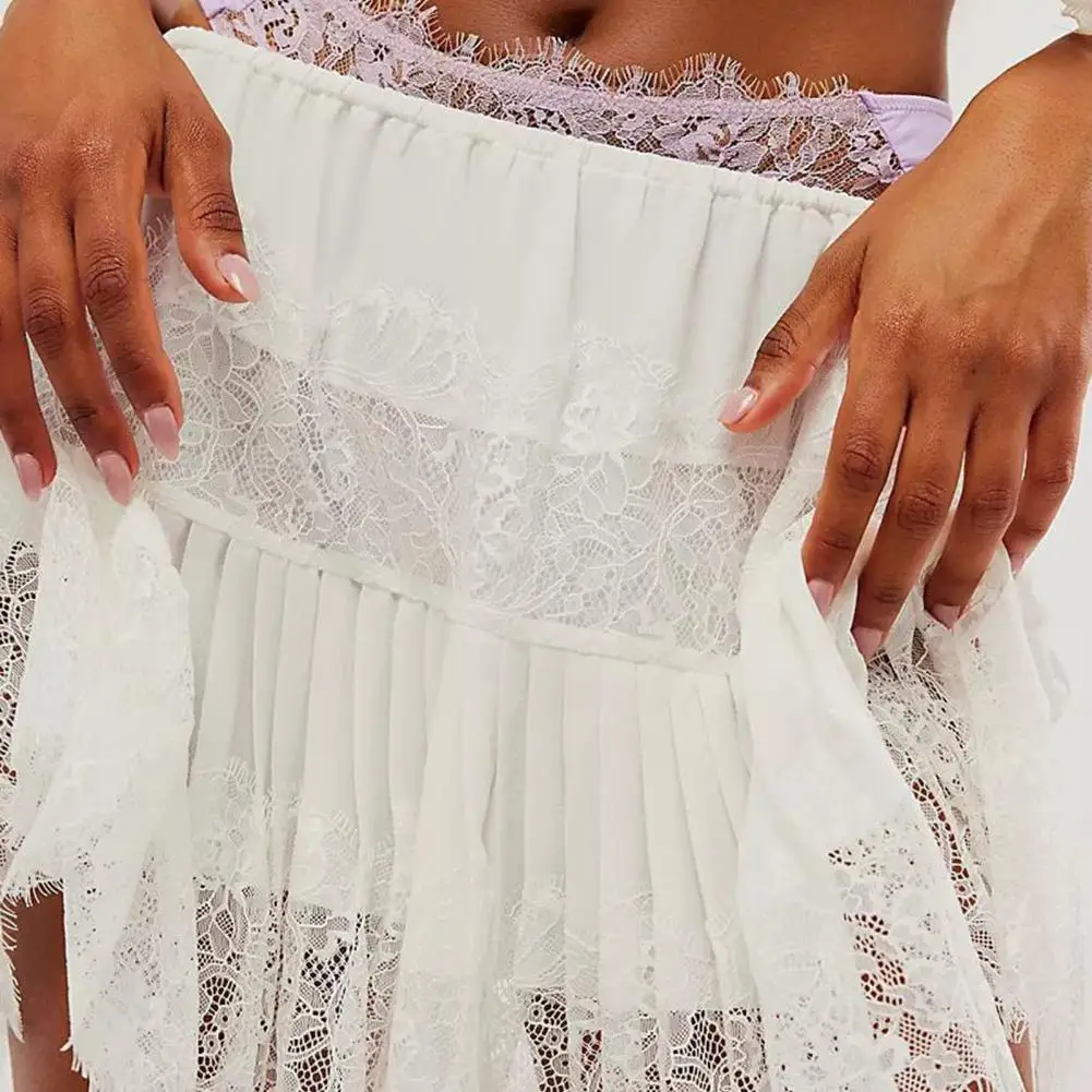 Кружевная тюлевая юбка Мини-юбка трапециевидной формы Черная однотонная многоуровневая кружевная юбка с низкой талией Женская белая юбка Fairycore Micro Boho