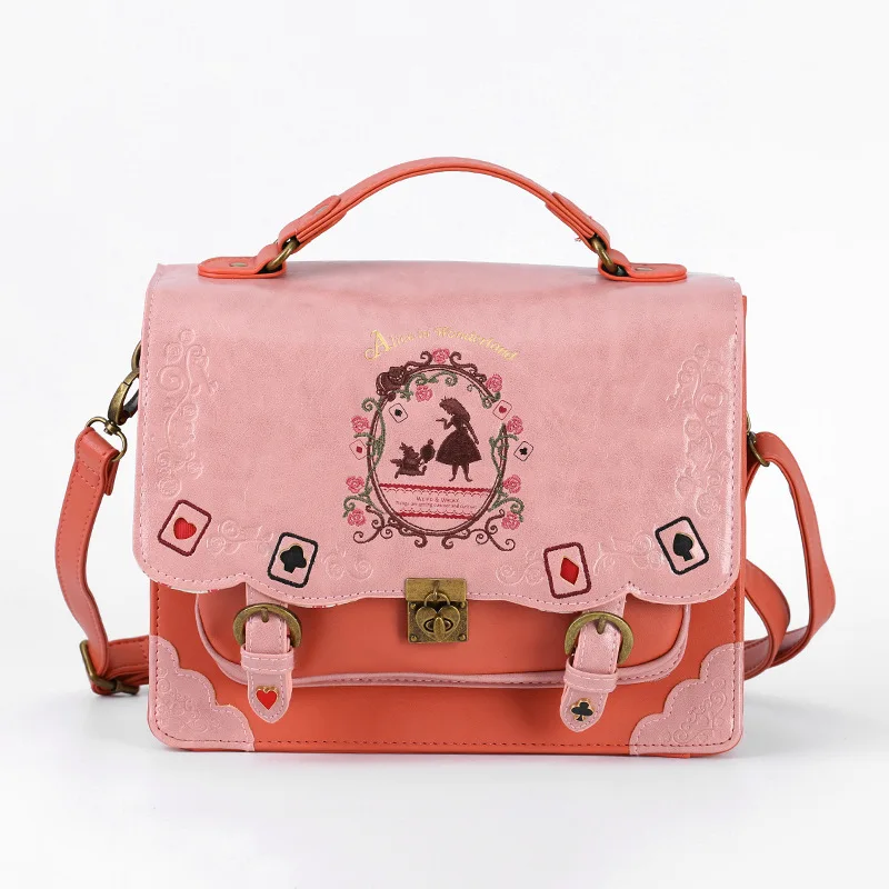 Disney Alice in Wonderland Backpack For Women PU Leather Embroidery Cartoon Lolita Handbag Vintage Cambridge Schoolbag For Girls