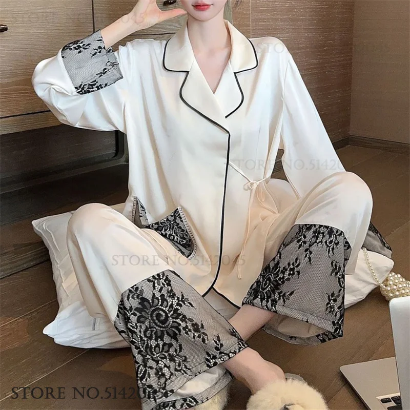 

Spring Autumn New Pajamas Set Women's Sleepwear Elegant Silk Satin Trouser Suits Loungewear Sexy Lace Night Wear Loose Homewear