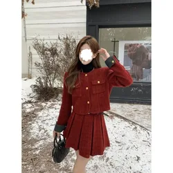 Insozkdg 2024 Autumn/Winter New Red Two-Piece Sets Elegant Pleated Skirt New Year Outfit with High-End Feel Fashion Skirt Suits