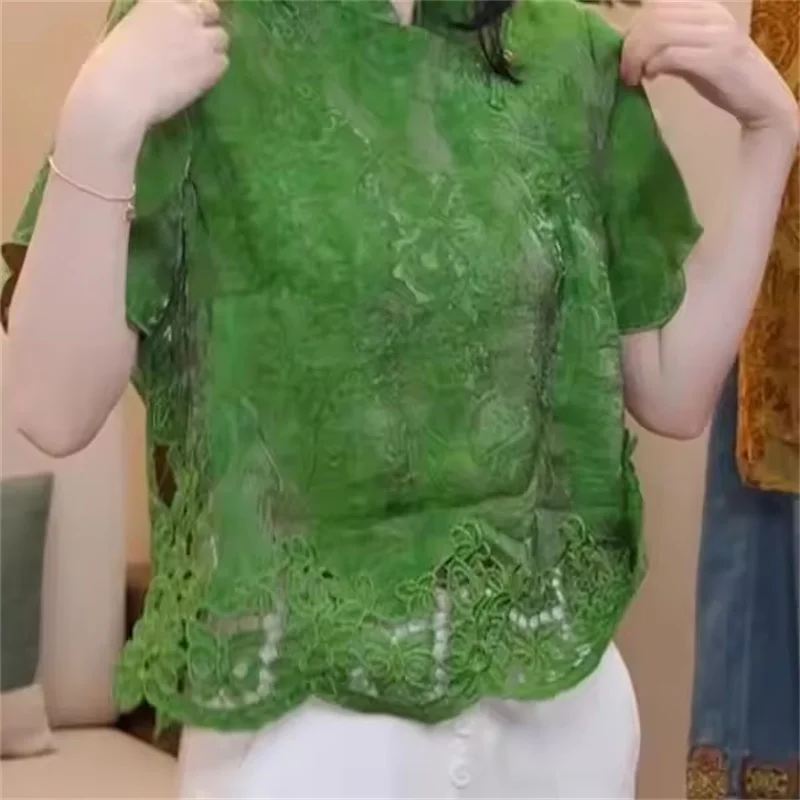 Groene Patchwork Kant Uitgehold Korte Mouw Blouse Vrouwen Chinese Stijl Tops Stand Kraag Zijde Zomer Shirts Zachte DamesTshirt