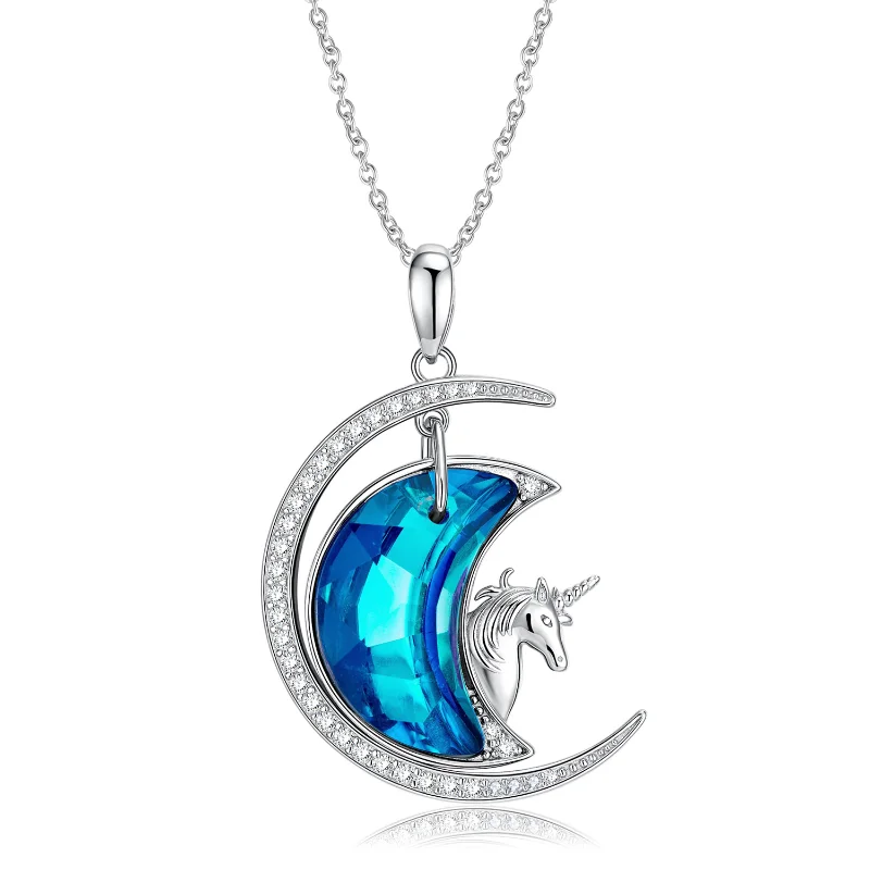 Moon Unicorn Pendant S925 Pure Silver Set with Zircon Blue Necklace for Men and Women