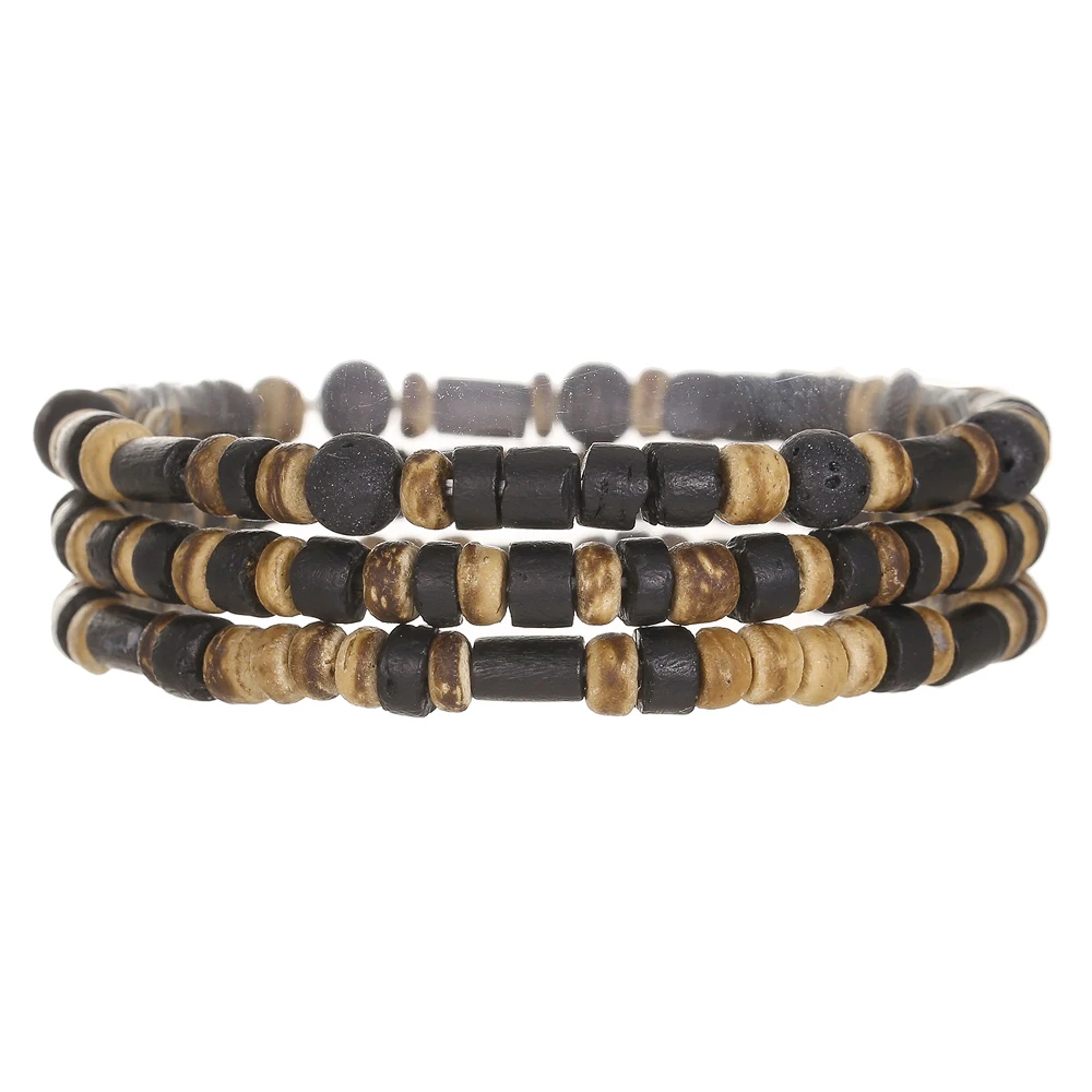 3Pcs Retro National Style Bohemian Holiday Style Coconut Shell Wood Chip Bracelet Three-Piece Men's Handmade Matching Bracelet image 6