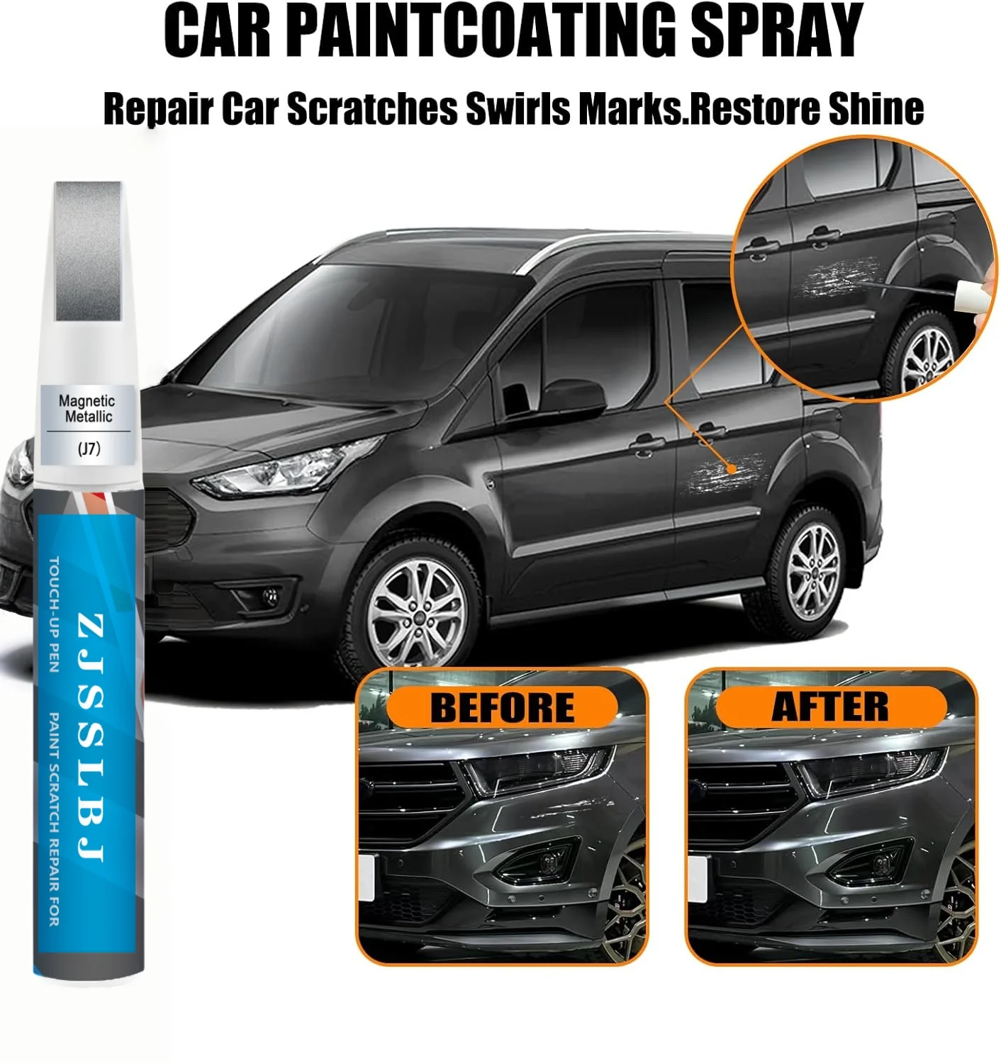 Car Touch Up Paint(Magnetic Metallic(J7)) for Ford, Car Paint Scratch Repair Kit, Quick & Easy Solution to Repair, 2 in 1 Scratc