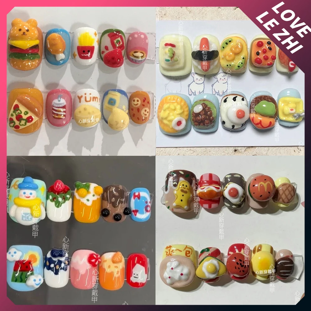 

10Pcs 3D Cartoon Short Round Handmade Detachable Reusable Nails Animal Snowman Full Cover Nails Party Stickers Festivals Gift