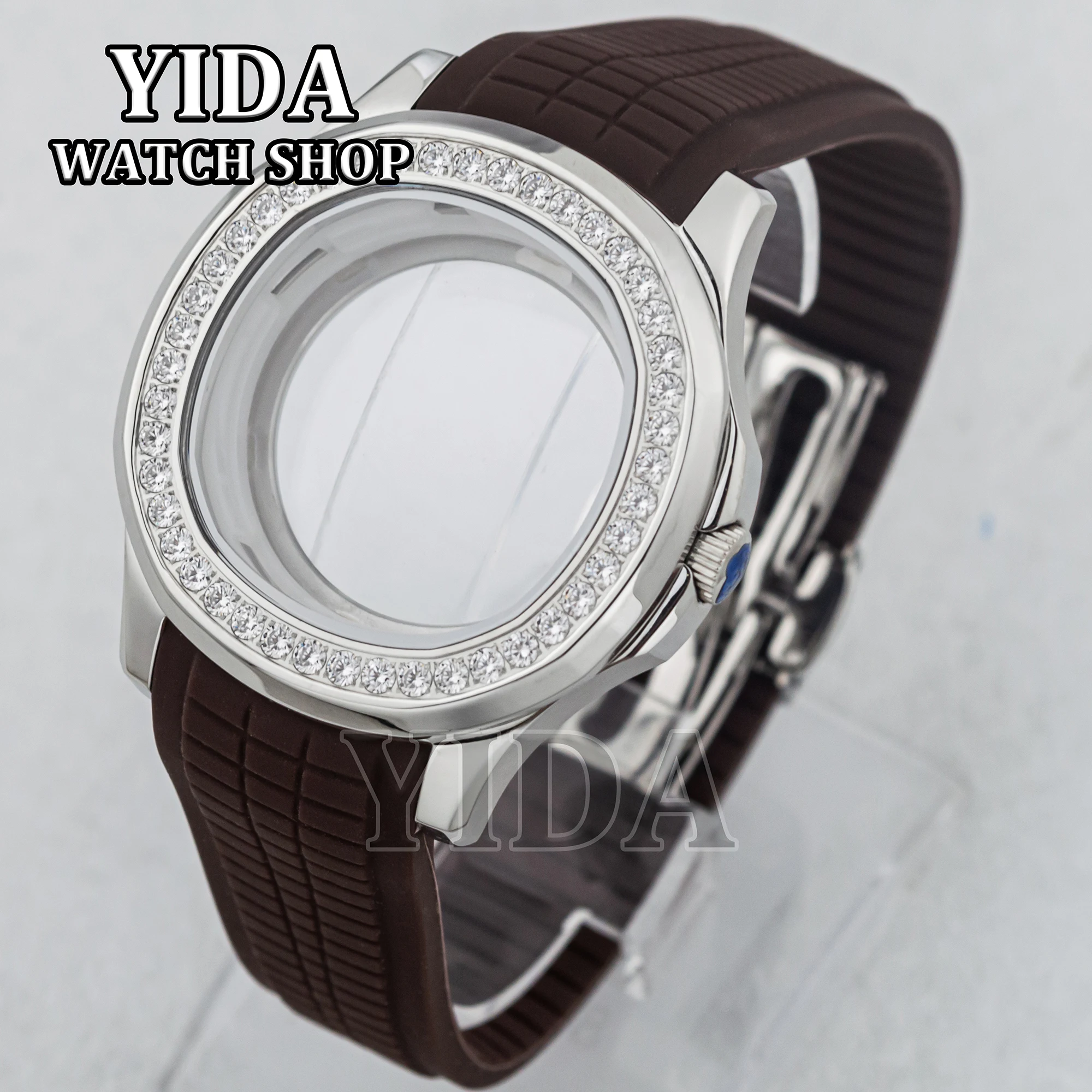 42MM  Diamond NH35 Case Rubber Strap Sapphire Glass 10ATM Waterproof Stainless Steel Mod for AQUANAUT Nautilus NH36 Movement