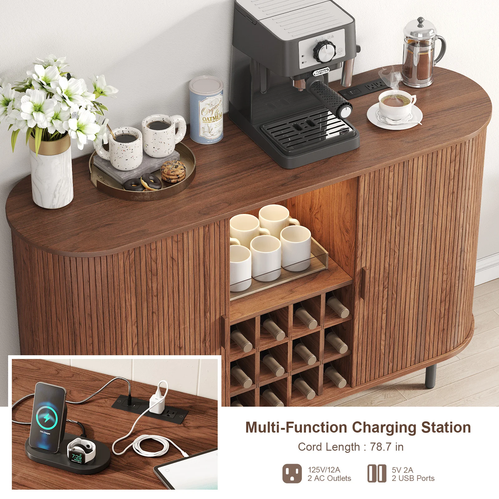 خزانة بار النبيذ مع ضوء LED، خزانة مشروبات للمنزل، خزانة بار القهوة مع رف النبيذ وحامل الزجاج، خزانة جانبية لبوفيه الجوز #5