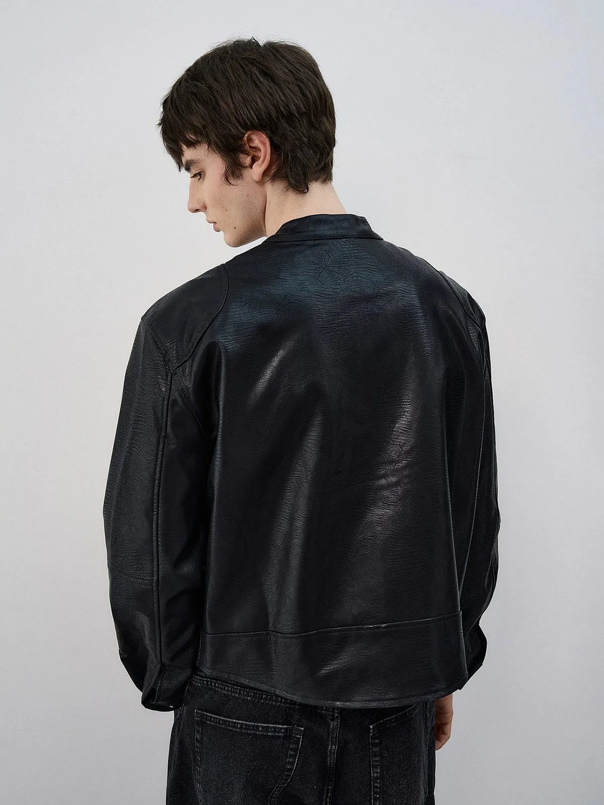 Men's Texture Splicing Pu Leather Jacket American Casual Fashion Motorcycle Style Simple Male Black Zipper Windproof Jackets