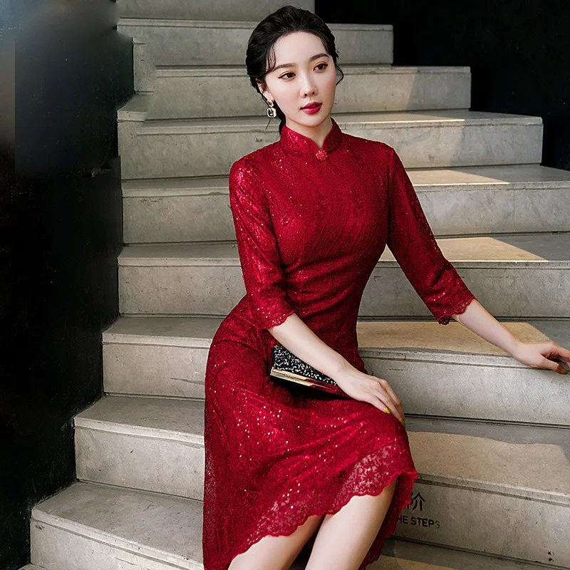 2022 Winter New Stand Collar Red Lace Qipao Mid-length Retro Improved Fashion Dress Cheongsam Chinese Traditional Dress