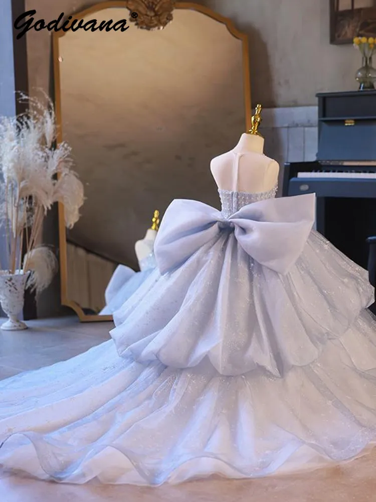 Little Girls High End Wedding Dresses Kids Bow Train Heavy Pearl Mesh Diamond Trim Princess Gown Hosts Piano Performances Dress