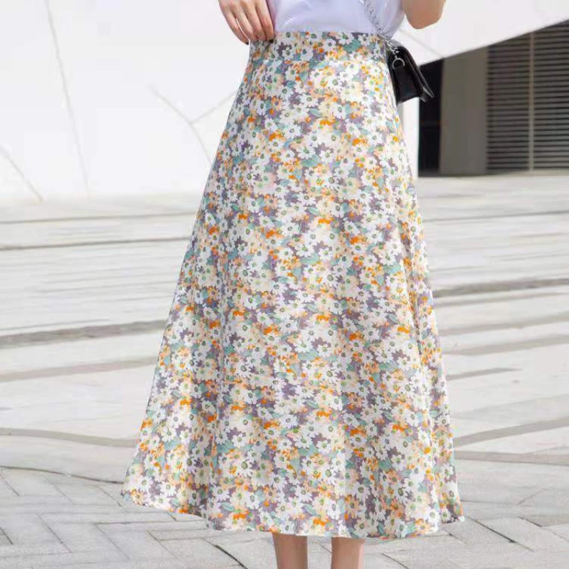 

Юбки женские с цветочным принтом из шифона, мягкие, элегантные, до середины икры, красочные, летние, в стиле ретро, с эластичной резинкой на талии, в стиле ампир, для женской моды