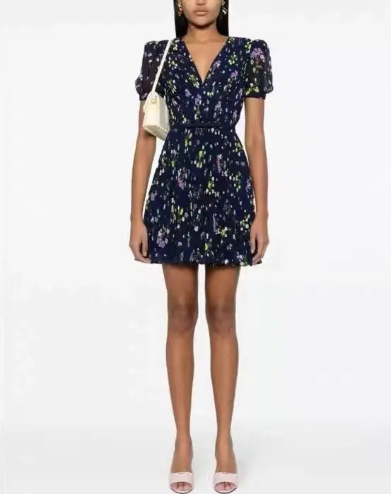 

Women's 2024 Spring/Summer New Women's Retro Flower Print Mini Slim Fit Dress