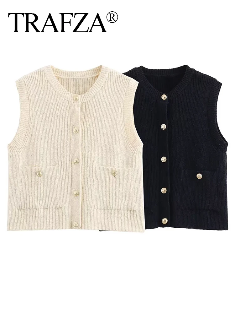 TRAFZA 2024 Vintage Women Solid Knitted Waistcoat Sleeveless Pocket Single Breasted Slim Cardigan Jacket Vest Chic Lady Crop Top