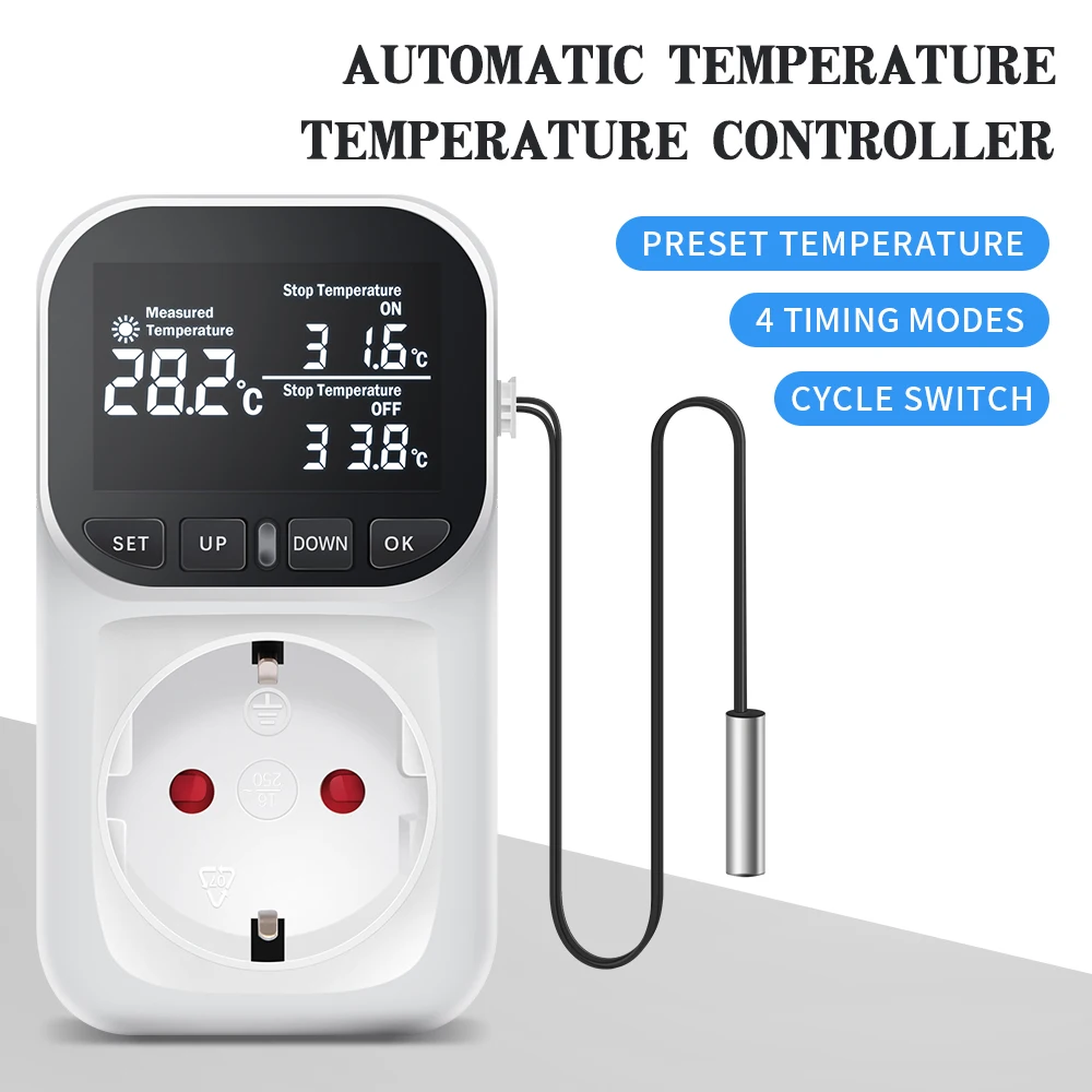 Tomada Termostato Digital com Temporizador Controlador de Temperatura Sensor de Saída Plugue ue Interruptor de Aquecimento e Refrigeração Kwe-tc01 16a 230v