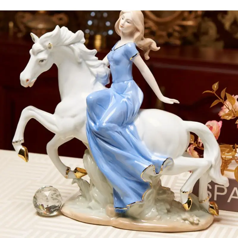 

European Style Ceramic Crafts Horse Riding Girl White Figure Statue Living Room Desktop Ornament Home Decoration Gift